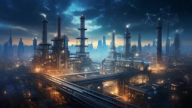 "Digital illustration of futuristic industrial cityscape at night, tall cylindrical smokestacks and refinery towers interconnected by elevated pipelines and walkways, illuminated artificial lights cas