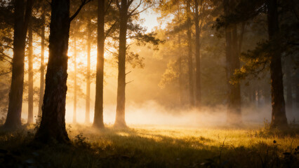 Obraz premium Enchanted misty forest with subtle golden glowing lights, tranquil, sacred cinematic atmosphere