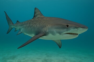 Obraz premium A grey reef shark swims in the ocean with fins visible from a side viewpoint