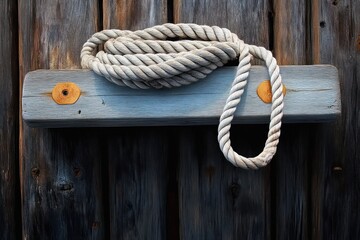 Obraz premium coiled white rope resting on a painted blue wooden cleat against a weathered dark wood wall, warm light and calm nautical mood
