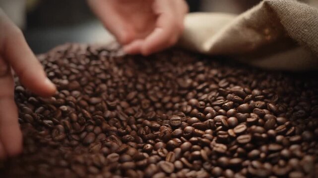 Hands touching a large quantity of dark brown coffee beans spilling from a burlap sack