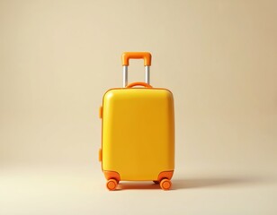 Fototapeta premium Yellow cartoon suitcase with orange accents sits on simple light background. This wheeled luggage piece is ready for holiday travel or business trips.