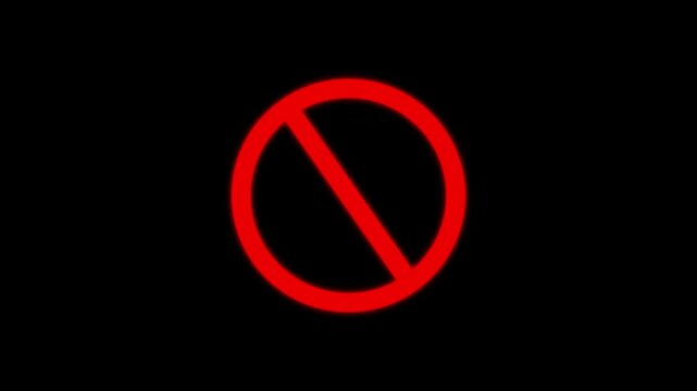 Warning. no entry forbidden red circle and line symbol icon animation on a black background.