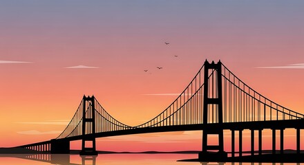 Fototapeta premium Silhouette of suspension bridge at sunset.