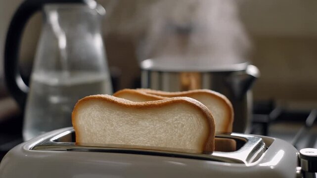 Slices of bread toasting in a toaster on a kitchen counter with a kettle and coffee maker nearby