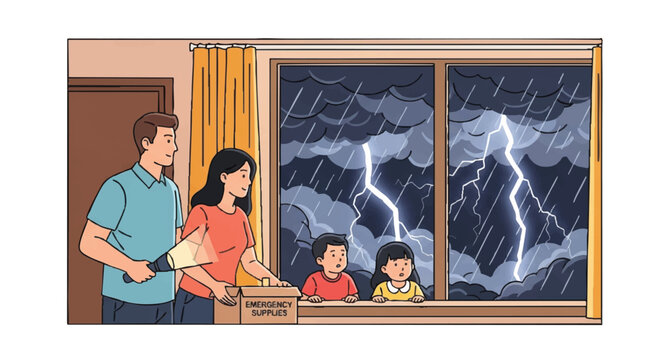 A family of four watches a thunderstorm with lightning through a window from inside their home.