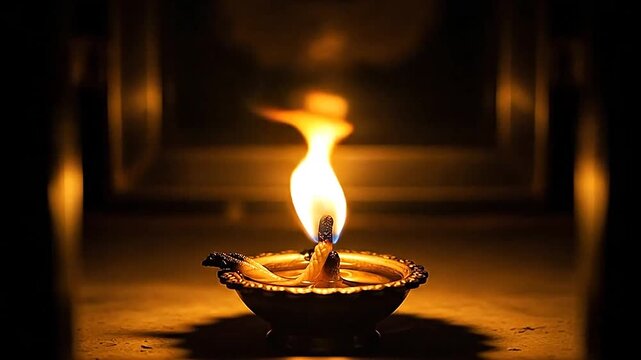 A traditional Indian diya lamp burning brightly.
