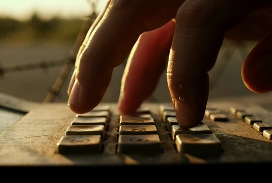 Close-up of a hand entering access code on weathered digital keypad lock with barbed wire fence in background at sunset