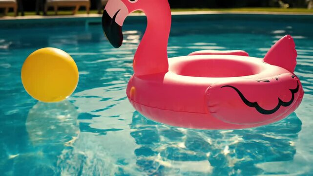 Pink flamingo pool float with a smiling face floats on clear water, yellow beach ball nearby, sunlit backyard setting with lounge chairs in the background