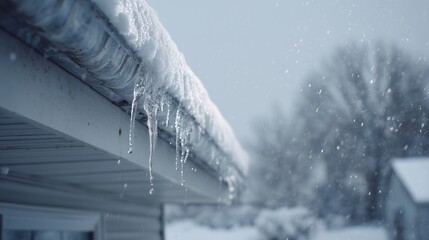 Snow-covered roof edge with icicle formation illustrating roof insulation failure and heat loss risk.