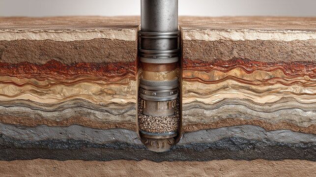 Drill bit lowering into deepwater wellbore through layered formation, representing offshore well drilling operation and subsurface extraction concept.