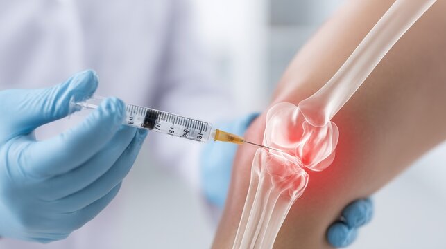 Gloved clinician injecting platelet-rich plasma into a painful knee joint to treat osteoarthritis, visual fusion of syringe, knee anatomy, and inflammation highlight regenerative therapy.