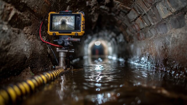Drain cleaning pipe inspection camera inside a water-filled brick sewer tunnel showing live monitor view and inspection cable, conveying sewer inspection and blockage diagnosis.
