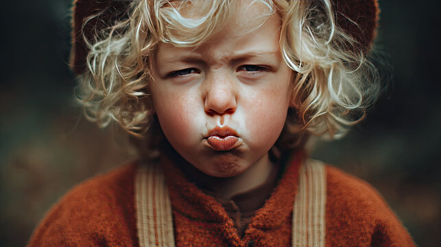 Poor kid portrait in gloomy slum background concept. A young child with curly hair making a playful pout expression.