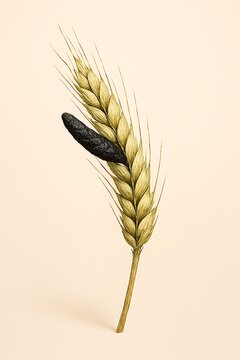 Single wheat stalk with ergot fungus illustration on a pale background from a front viewpoint