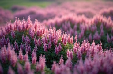 Obraz premium Pink flowers form dense field. Lush green plants with purple flower spikes grow close together under warm sunlight. Nature blooms in spring.