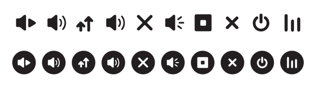 Complete set of multimedia icons including play pause volume mute power and volume level indicators