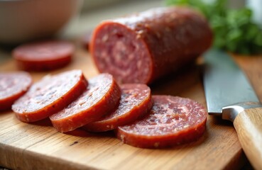 Sliced Turkish sucuk sausage rests on a wooden board next to a knife. This dry fermented beef meat is seasoned with spices. Perfect for cooking or as a flavorful snack.