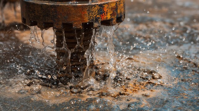 Metal drill bit and pump head discharging clear artesian water during well pump installation, showing water spray, sediment and wet rock surface.