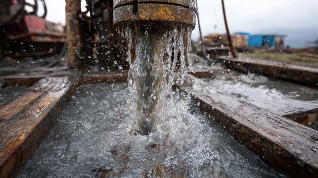 Deep well drilling with mud discharge at artesian water showing drilling head releasing muddy water and slurry over wooden planks, indicating borehole flow and slurry management.