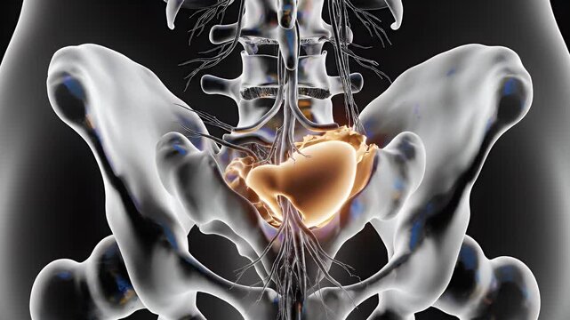 3D Anatomical Render of Human Pelvis and Bladder Showing Detailed Structure and Nervous System in Medical Illustration Style