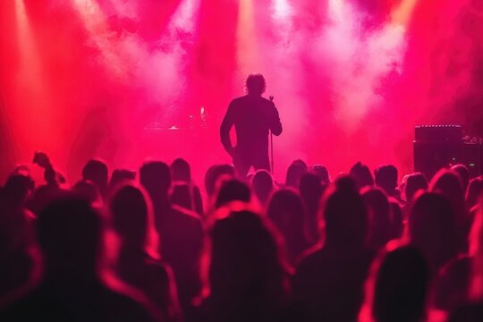 Silhouetted solo performer on a smoky red-lit stage facing a packed shadowy audience with dramatic backlighting and an energetic concert atmosphere