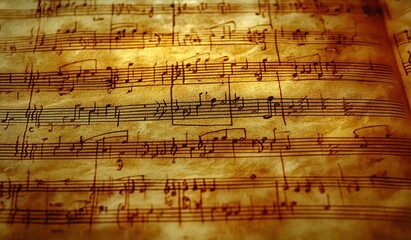 Naklejka premium Aged handwritten musical manuscript with inked notes and staves on warm golden paper evoking nostalgia and inspiration
