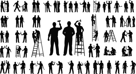 Construction workers silhouettes collection with tools and ladders, professional builders teamwork poses representing industrial labor, maintenance service and skilled trade occupations concept