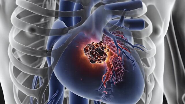 3D animation of a diseased human heart with glowing tumor showing a cancerous growth and cardiovascular system
