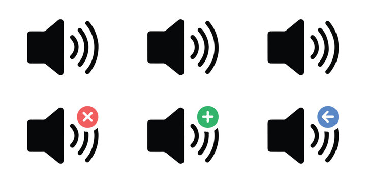 Set of volume icons illustrating sound, mute, increase, and decrease functions for ui elements