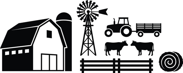 Farm agriculture silhouette set with barn, windmill, tractor, cows and fence, rural farming equipment and livestock icons representing countryside agribusiness and food production concept © Shahariar's World
