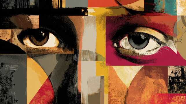 Mosaic of faces morphing men and women concept. An artistic representation emphasizing diverse human eyes.