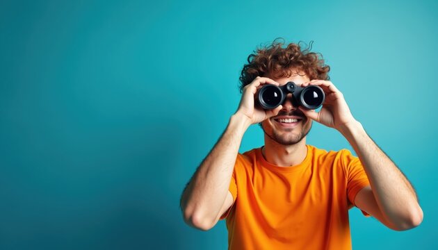 Man with curly hair looks through binoculars. He wears an orange shirt and smiles. He explores the world with curiosity and adventure, seeking new discoveries.
