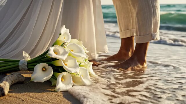 Barefoot couple standing on sandy beach with white calla lily bouquet, gentle waves lapping at feet, sunlight illuminating the scene, creating a romantic atmosphere