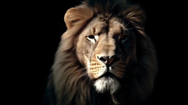 Front view portrait of a majestic lion with dramatic lighting on black background