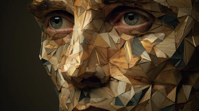 Mosaic of faces morphing men and women concept. Artistic representation of a face crafted from wood fragments.