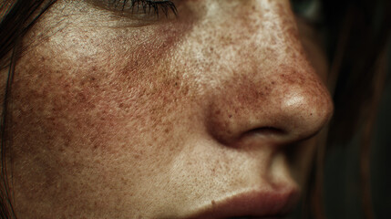 Fototapeta premium Young woman aging to senior in timelapse concept. Close-up of a face showcasing beautiful freckles and natural beauty.