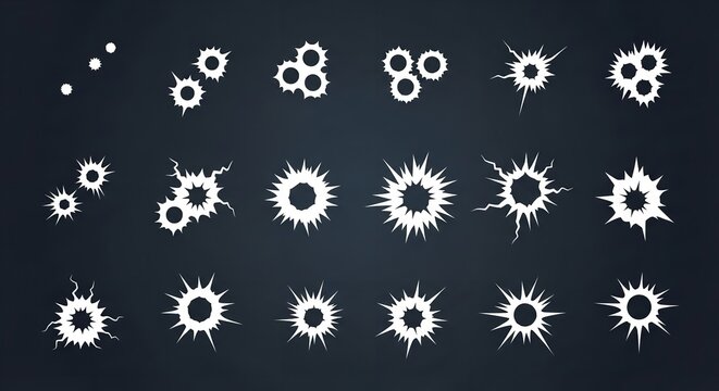 A collection of white explosion and burst effects on a dark background