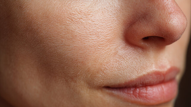 Timelapse of girl's transformation to old woman concept. Close-up of a woman's face highlighting skin textures and features.