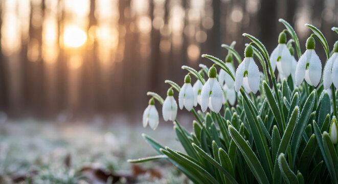 Close-up of white snowdrop flower with droplet on petal, representing purity and hope in spring, against blurred sunlight through trees in background