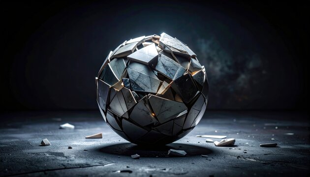 FlyPro_Firefly abstract sculpture, a dramatic photorealistic DSLR style rendering of shattered ceramic fragments reassembled into a compelling fragmented sphere.