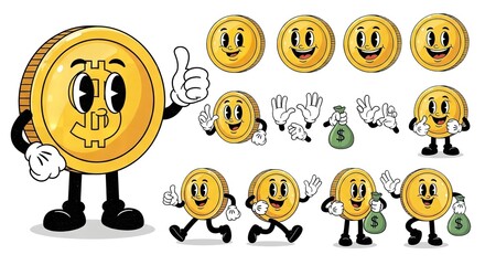 Obraz premium A cartoon coin character with various happy and playful poses and expressions.