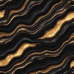 Fototapeta premium Abstract black and gold waves create a luxurious, flowing pattern. This shiny, textured design resembles marble or agate, perfect for elegant backgrounds and decor.