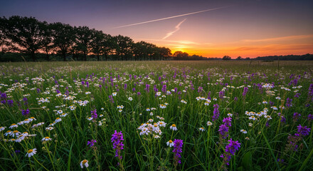 Fototapeta premium Scenic view of meadow with white and purple flowers at dusk, with orange sky and airplane trail, representing natural beauty and tranquility