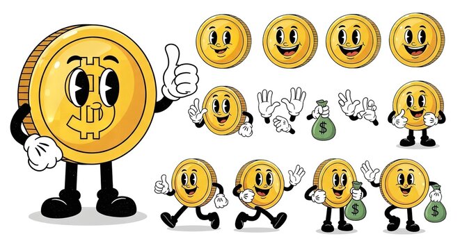 A cartoon coin character with various happy and playful poses and expressions.