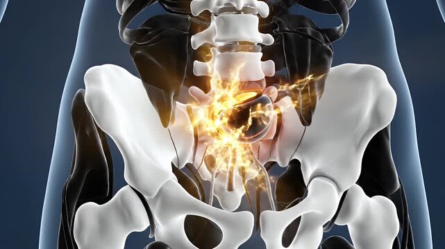 3D Medical Animation Illustrating Spinal Disc Herniation and Nerve Compression in the Lumbar Spine With Glowing Orange Energy Effects