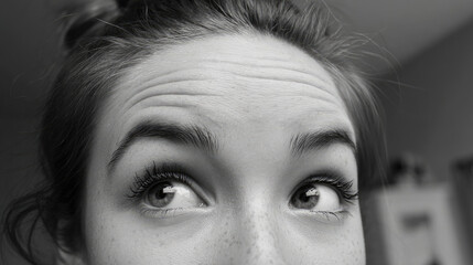Obraz premium Young woman aging to senior in timelapse concept. Close-up of a young person looking up with expressive eyes.