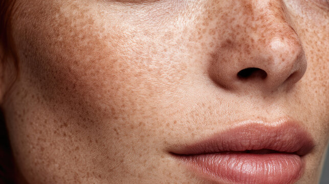 Timelapse of girl's transformation to old woman concept. Close-up of a woman's freckled face with natural beauty.