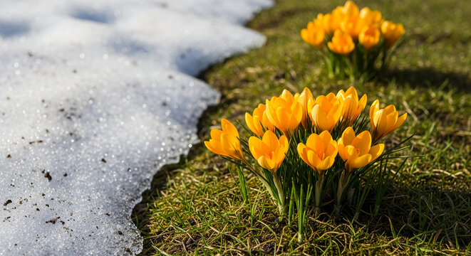 Close-up of bright yellow crocus flowers blooming on green grass next to melting snow, representing the arrival of springtime and renewal