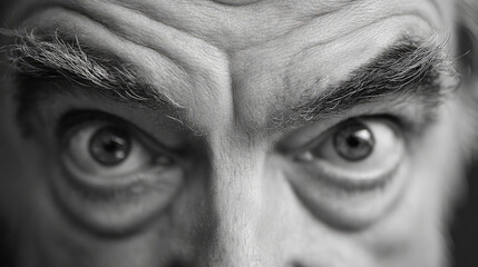 Fototapeta premium Young woman aging to senior in timelapse concept. Close-up of an intense adult man's piercing gaze and expression.